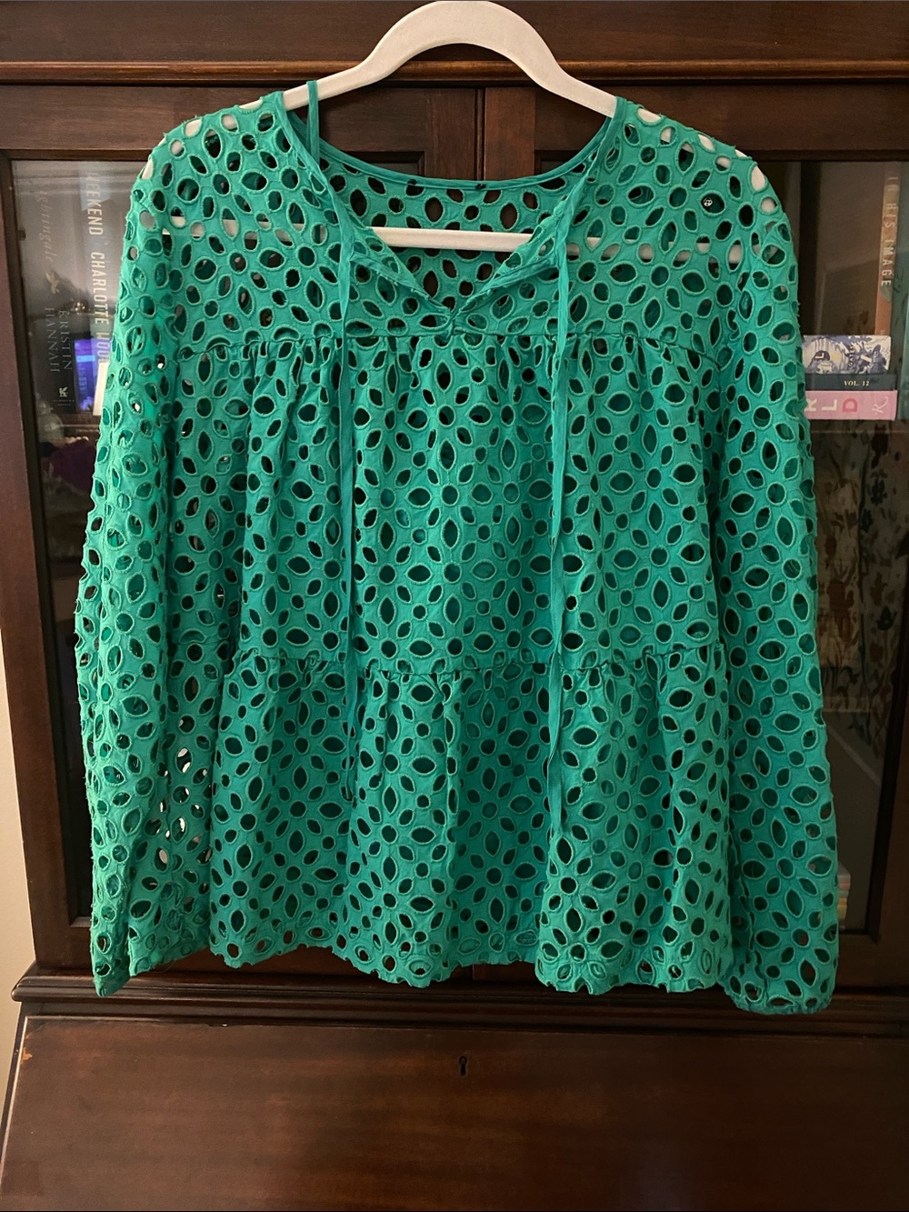 J. Crew Green Eyelet Peasant Blouse - Long Sleeve